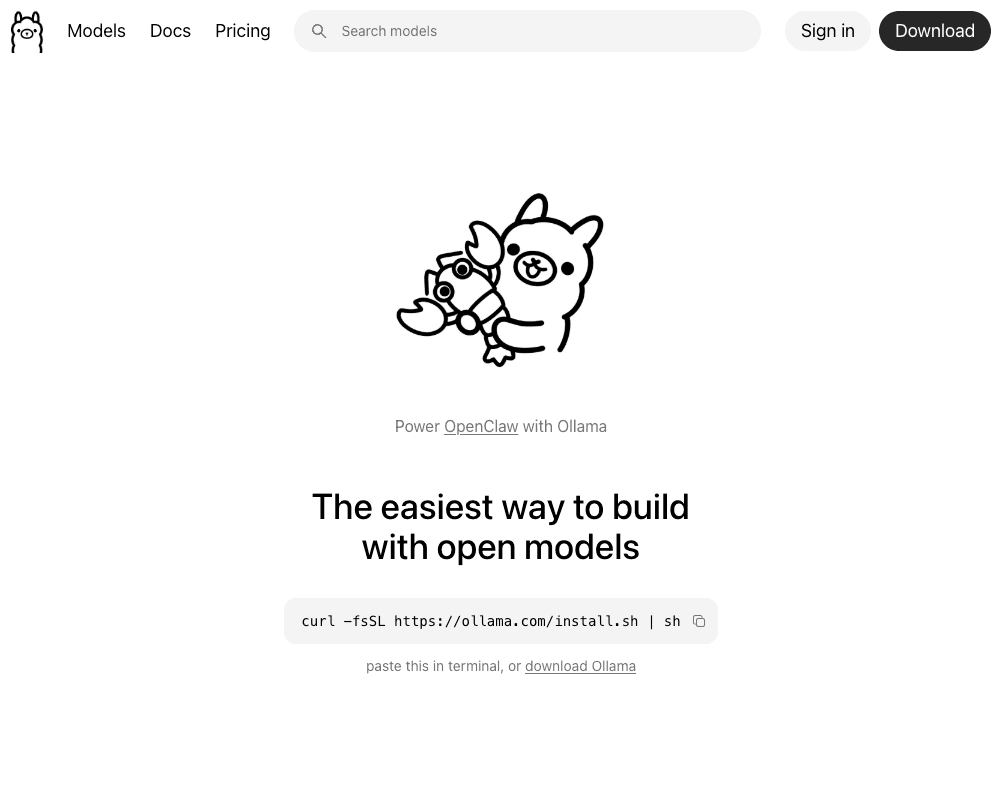 Ollama website homepage showcasing the easiest way to run open source models locally as a powerful privacy-focused Claude alternative.