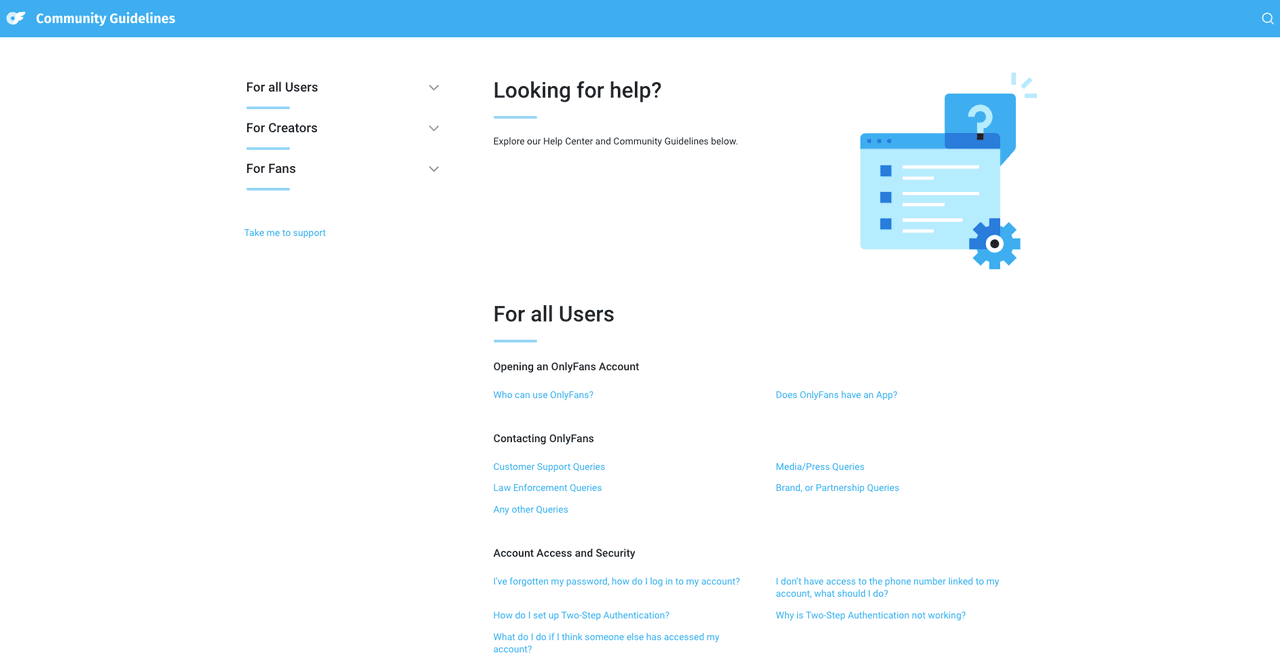 OnlyFans help center page showing support options for users who need to know how to cancel OnlyFans subscription via help.