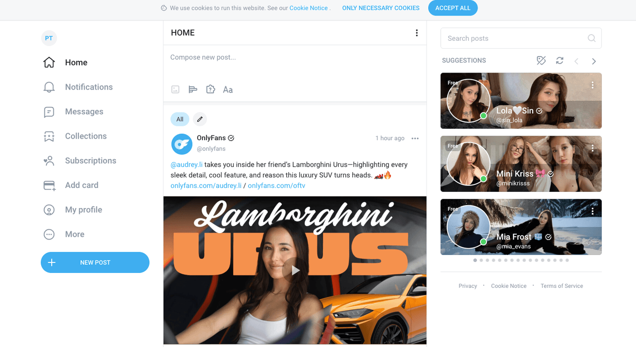 The OnlyFans home feed interface used as the first step for users learning how to cancel OnlyFans subscription settings.