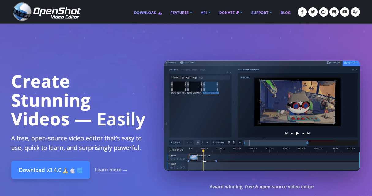 OpenShot video editor website, an open-source option among desktop CapCut Pro alternatives.