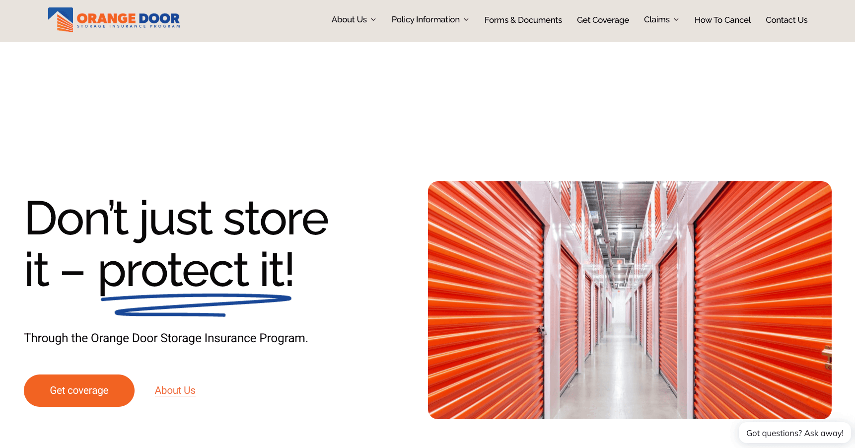 Orange Door website homepage, the official provider for mandatory public storage insurance.