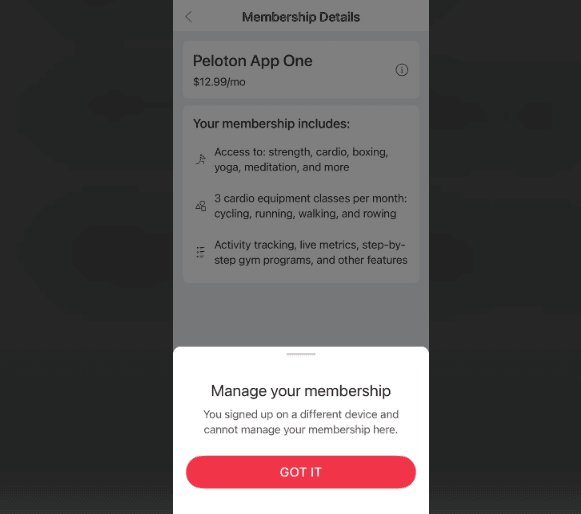 If you see this device restriction popup when you try to cancel peloton membership, use your original billing platform.