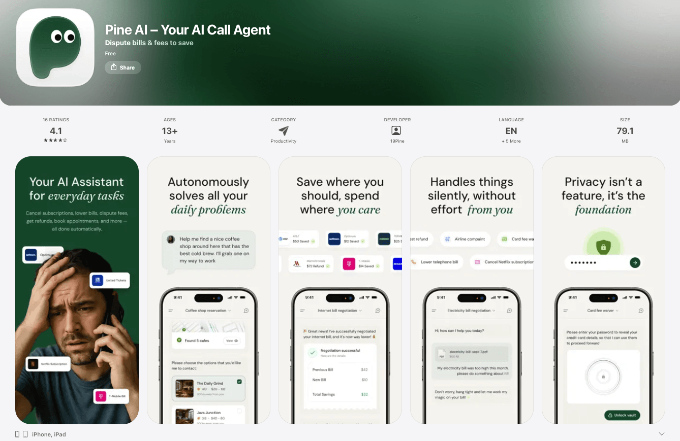 Pine AI app store page, a tool that can autonomously help cancel public storage insurance.