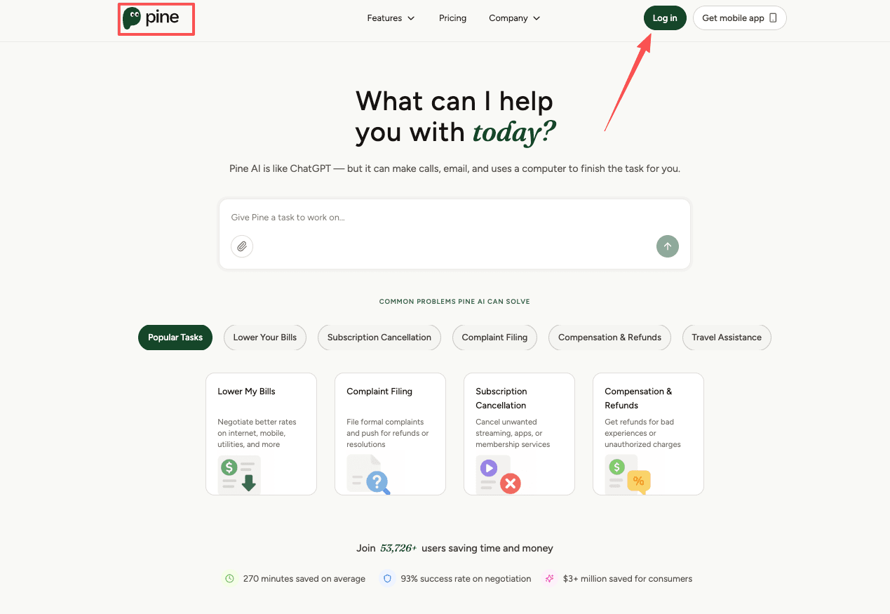 Pine AI website homepage offering automated assistant services to help you learn how to cancel planet fitness membership.