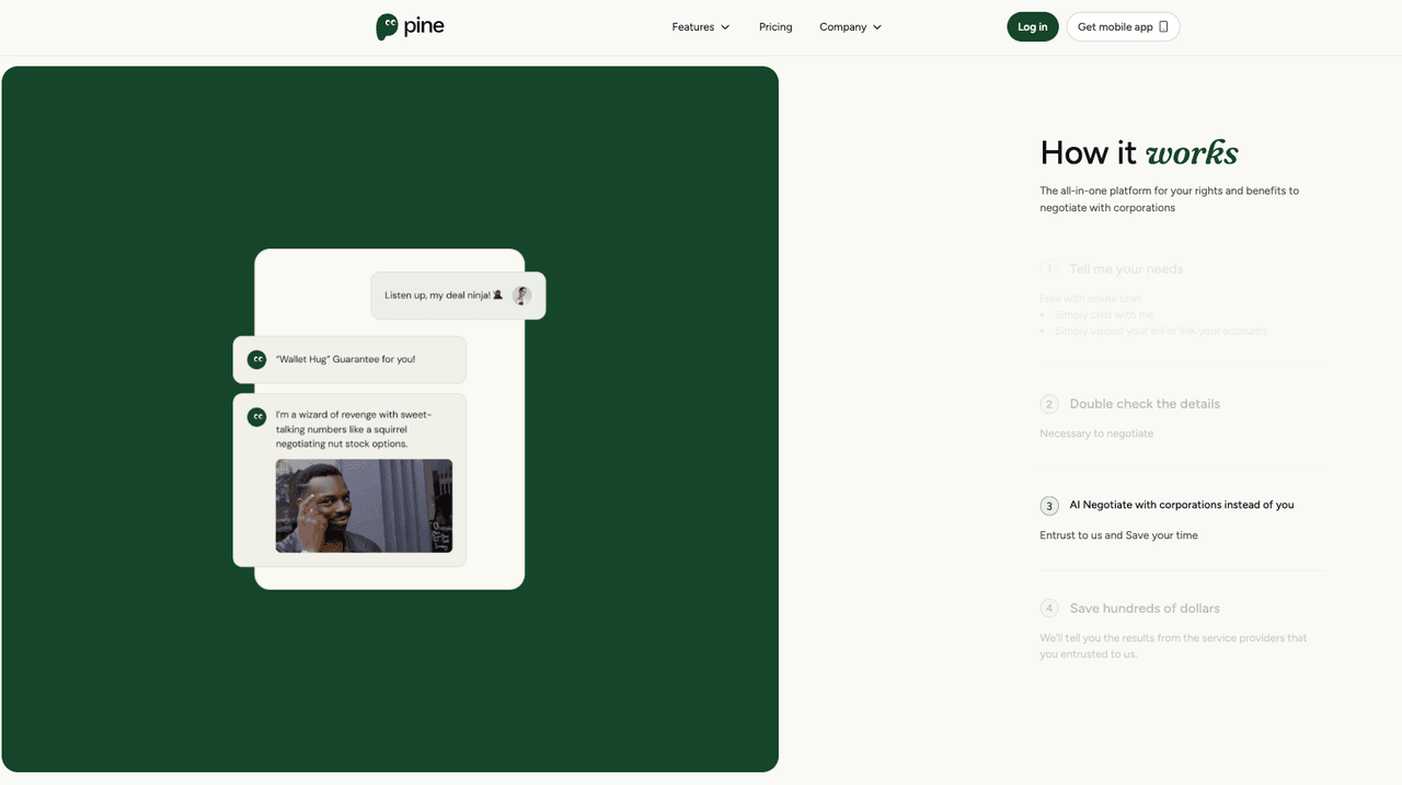 Pine platform interface explaining how to negotiate and cancel subscriptions like Hulu using AI wallet hug feature to save money in 2026.
