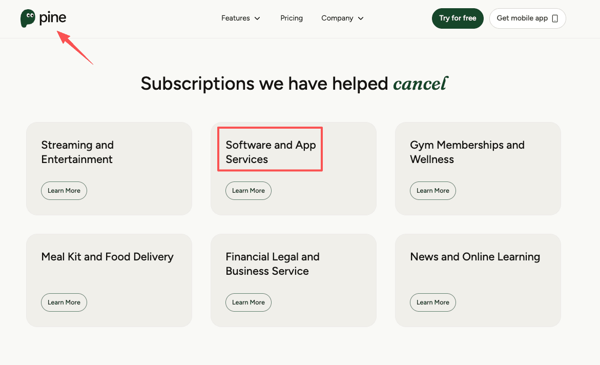 Using Pine app's software and app services category to manage an onlyfans cancel subscription easily.