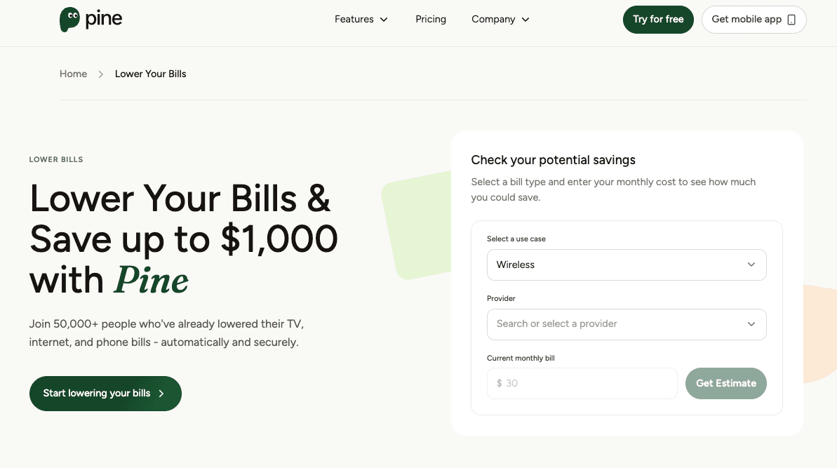 The Pine platform interface demonstrating alternative tools to lower bills or help you cancel extra space storage.