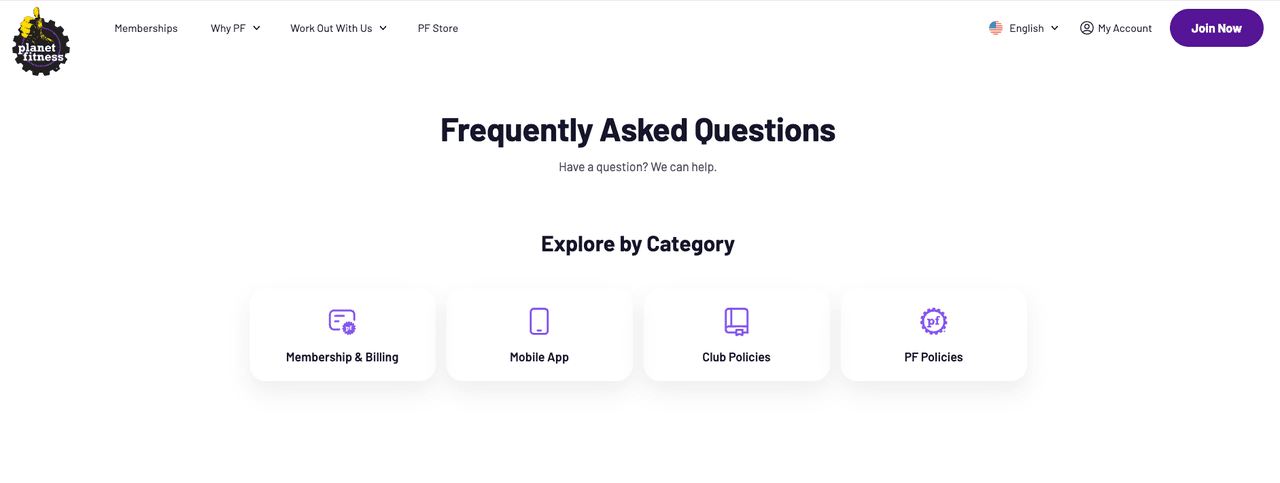 Planet Fitness Frequently Asked Questions page with billing policies and steps on how to cancel planet fitness membership.