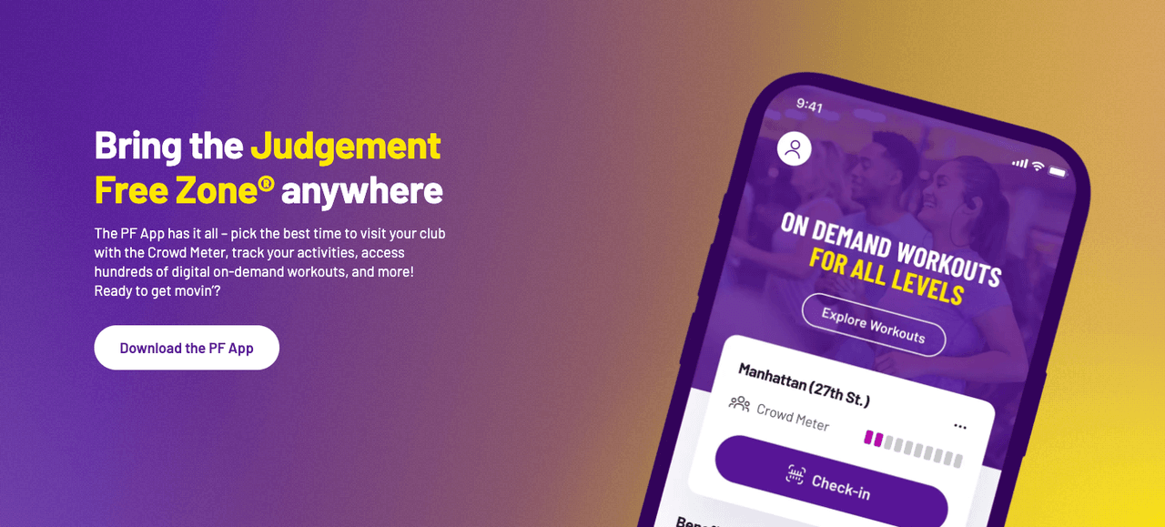 Mobile interface of the PF App used by members checking features or looking for how to cancel planet fitness membership.