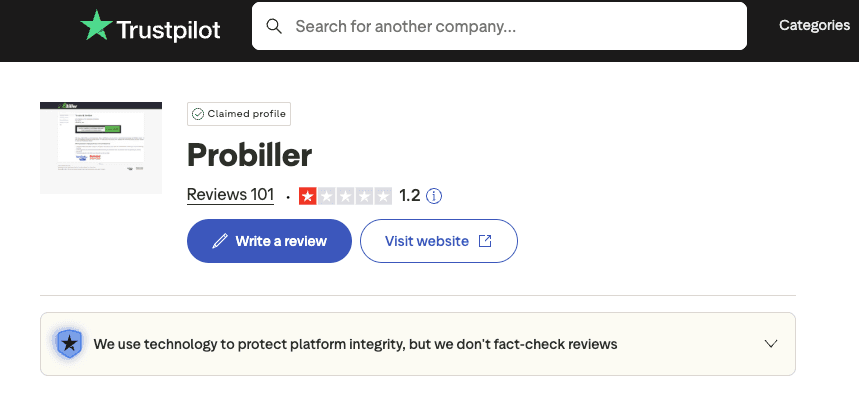 When researching what is probiller, users often find their Trustpilot profile, which currently displays a 1.2-star rating.