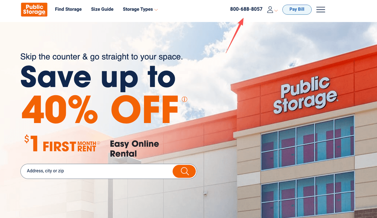 Exterior view of a storage facility highlighting promotional discounts on initial monthly public storage fees.