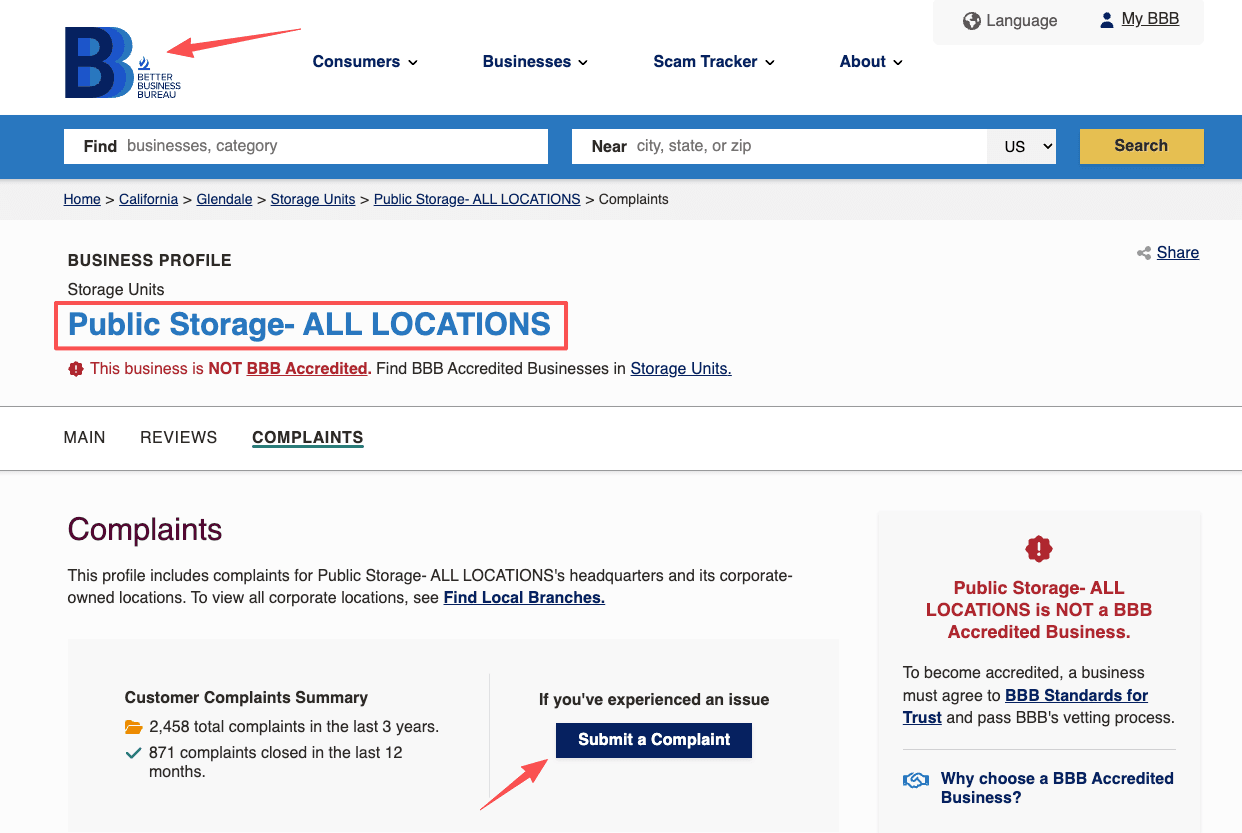 BBB page showing where to complain if a public storage customer service live person cannot help.