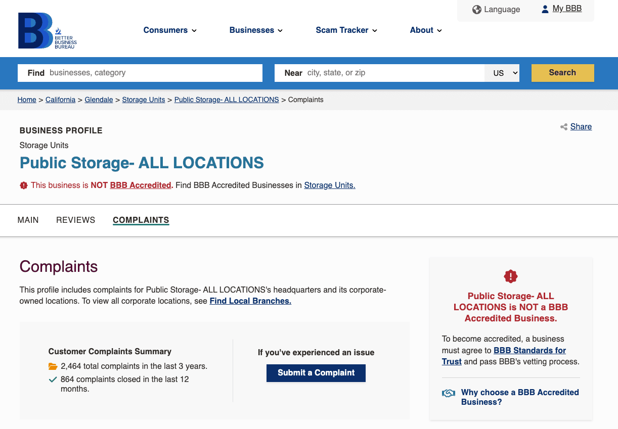 BBB profile showing customer complaints highlights why knowing how to cancel public storage correctly is very important.
