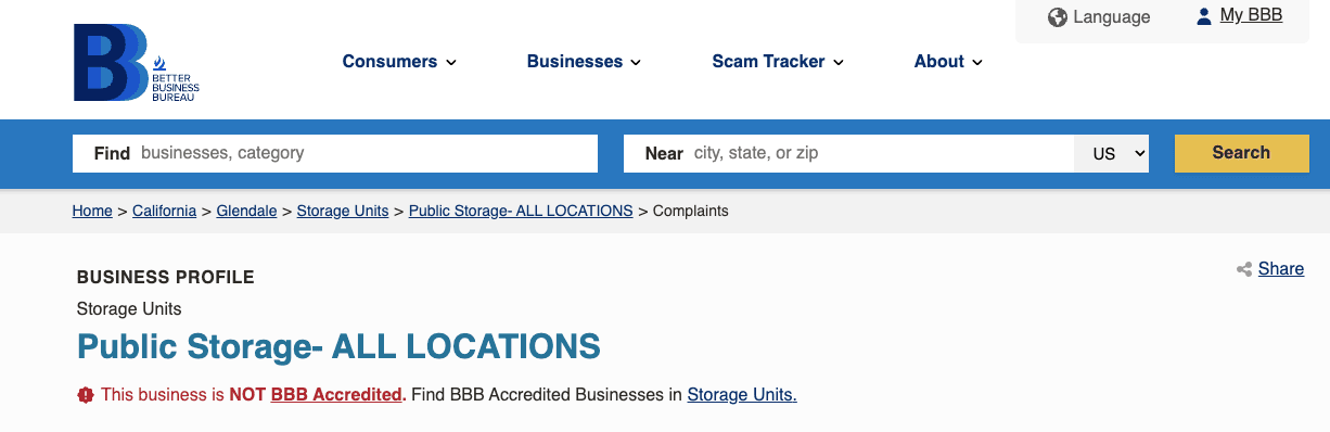 Business Bureau profile showing non-accreditation, relevant when disputing the public storage refund policy terms.