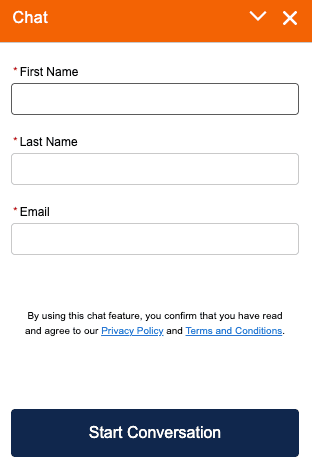 Contact support to discuss the public storage refund policy using this online chat form requiring name and email details.