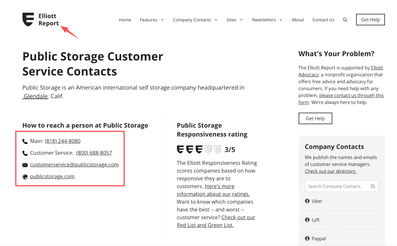 Elliott Report list of phone numbers and emails for handling public storage corporate office complaints.