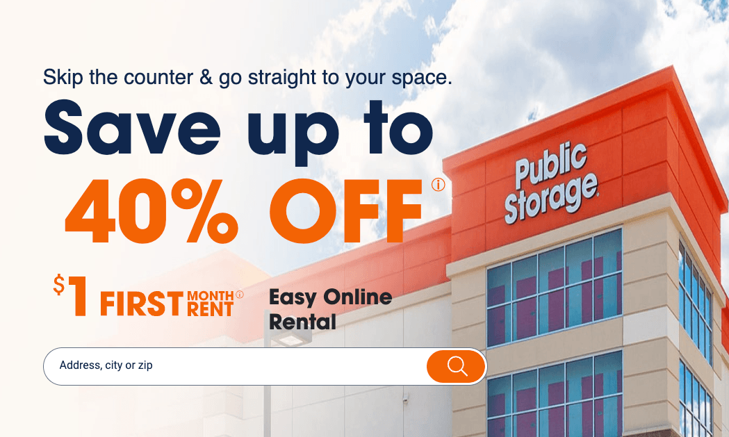 Exterior of a building for filing public storage corporate office complaints or renting units at 40% off.