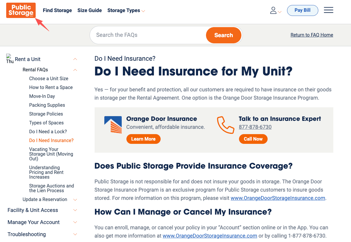 Screenshot of FAQ page explaining why public storage insurance is required for all renters.