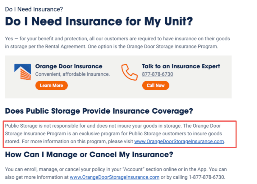 Details on the public storage refund policy regarding Orange Door insurance requirements and un-insured goods disclaimers.