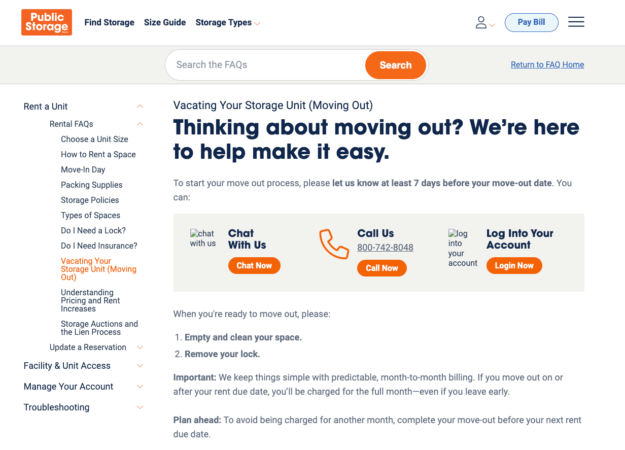 Review the vacating guidelines and contact options to understand exactly how to cancel public storage before your due date.