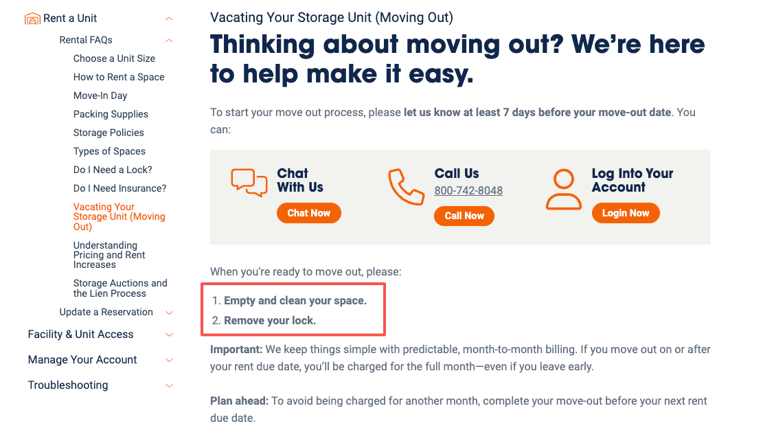 Move out steps and contact info to reach a public storage customer service live person for help.