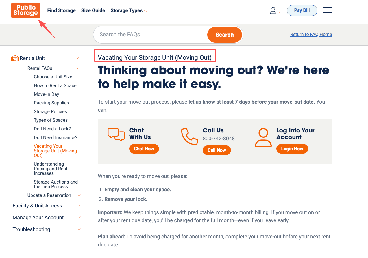 Review the public storage refund policy and move-out terms, noting the month-to-month billing and seven-day notice rule.
