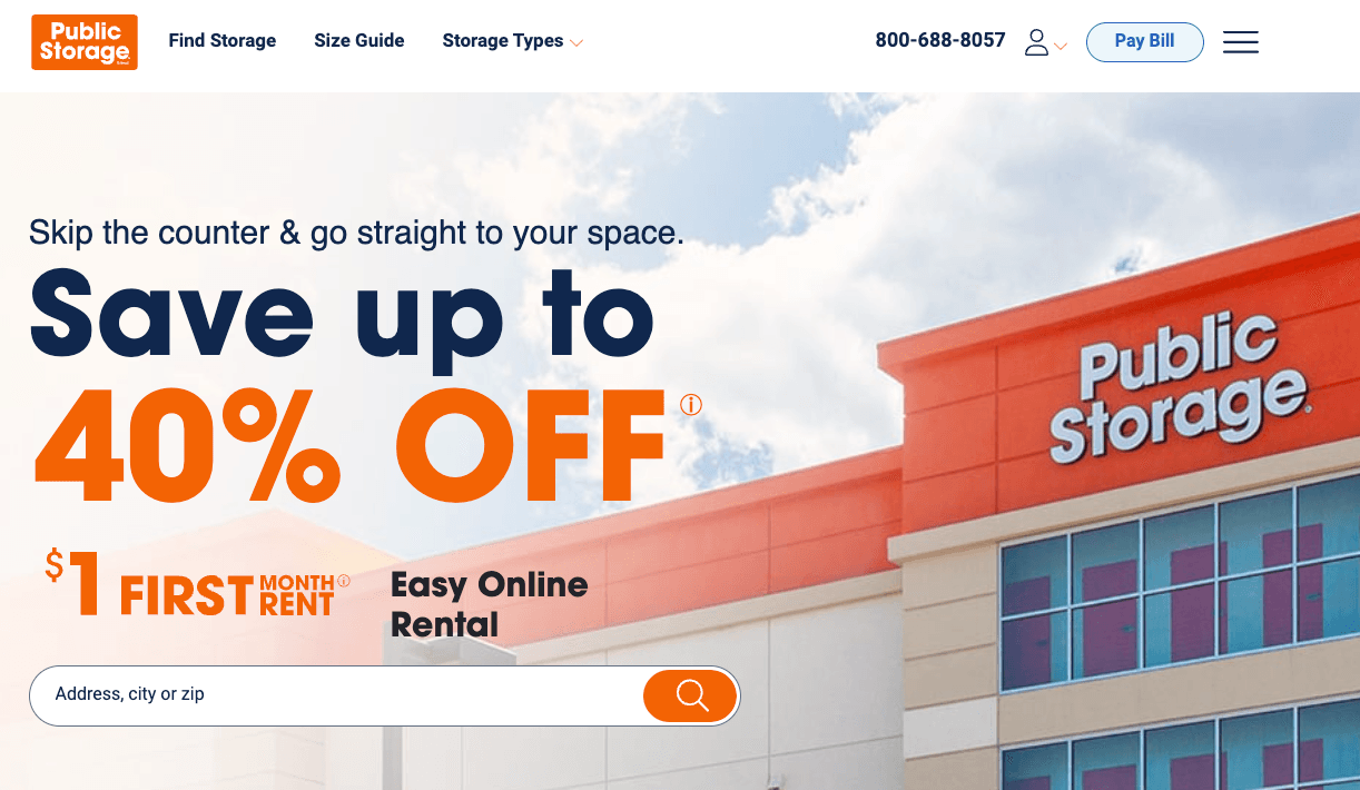 Public Storage website homepage where renters sign up and add public storage insurance plans.