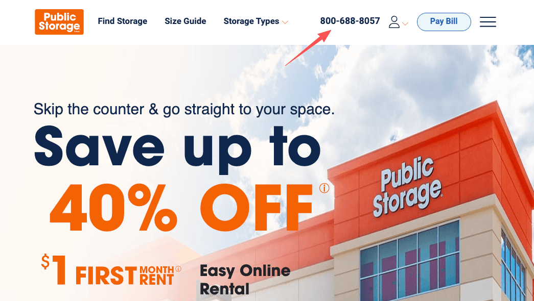 Locate the phone number on the homepage to reach a public storage customer service live person.