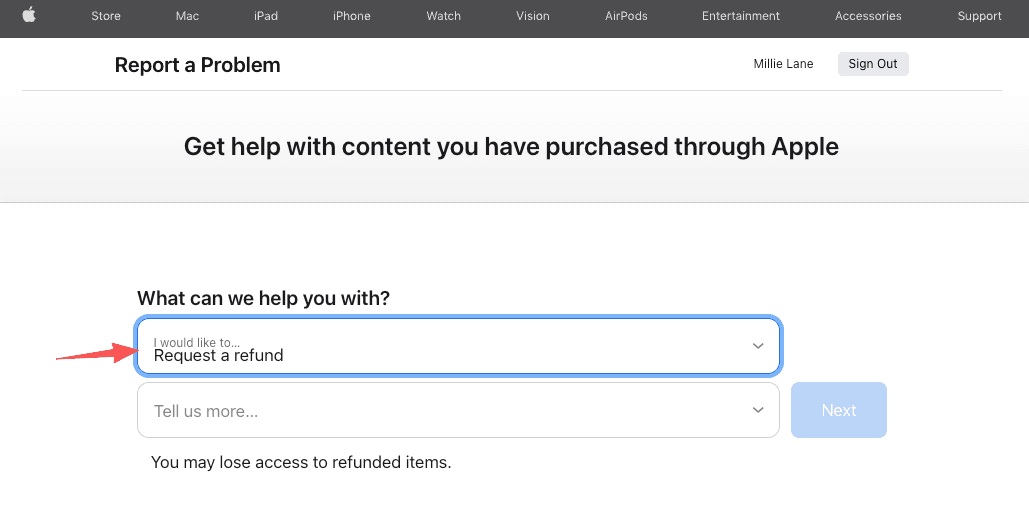 Apple Support Report a Problem page with "Request a refund" selected, useful if seeking refund after how to cancel ChatGPT subscription through iOS