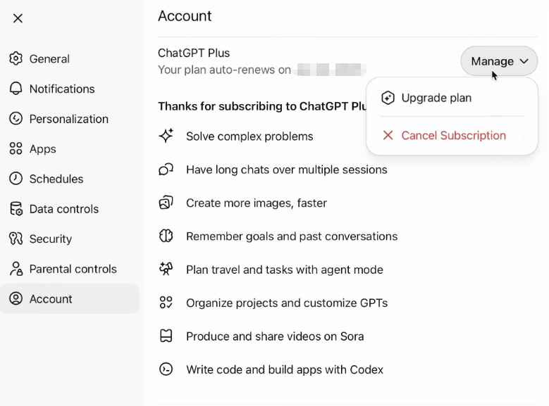 Screenshot of the account menu showing the manage dropdown option to help users learn how to cancel chatgpt plus subscription.