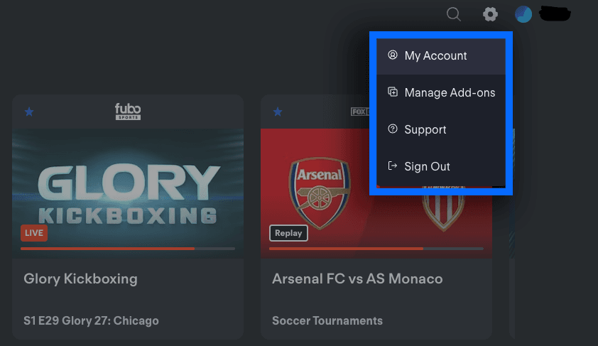 The user profile dropdown menu highlighting the My Account option needed to figure out how to cancel fubo subscription.