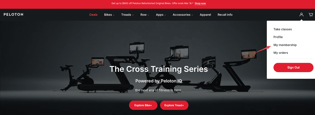 Select the My Membership option from the dropdown menu on the website to securely cancel peloton membership online.