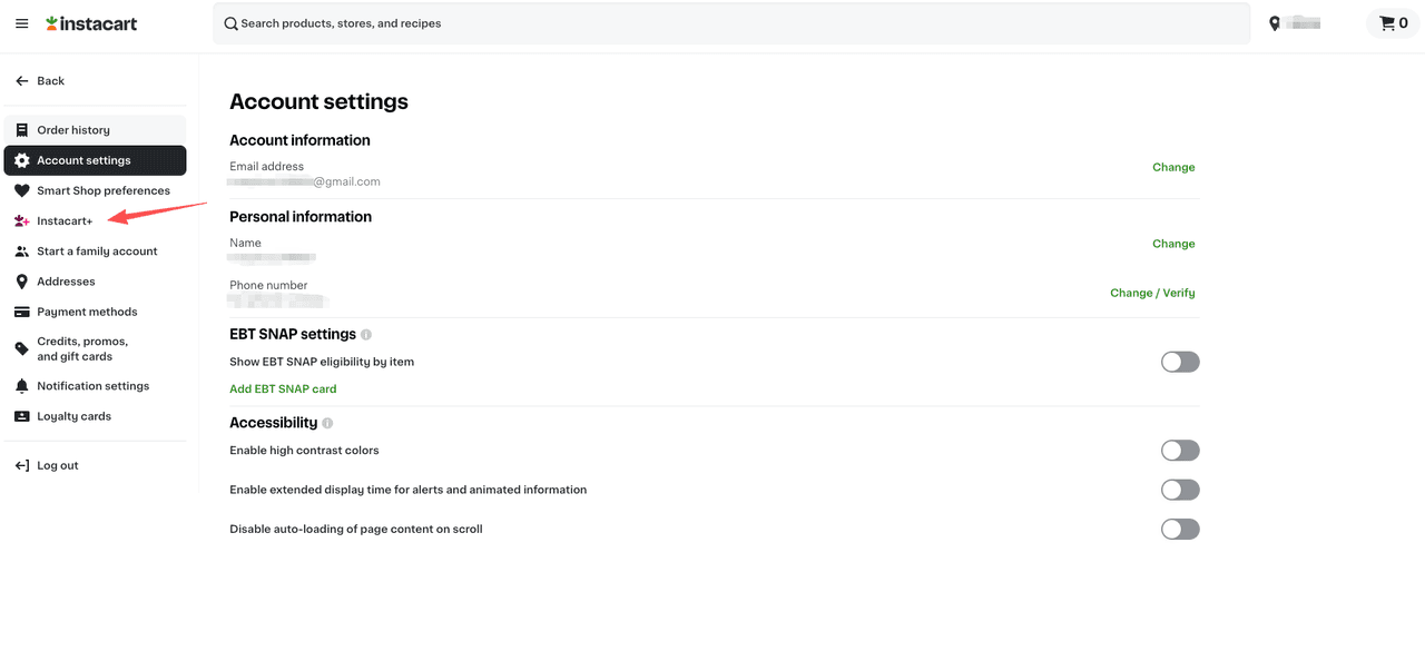 Account settings interface with an arrow indicating where to manage or cancel Instacart Plus membership.