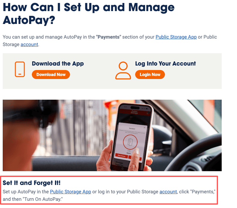 Mobile app tutorial on setting up AutoPay to ensure on-time payments and prevent any public storage late fees.
