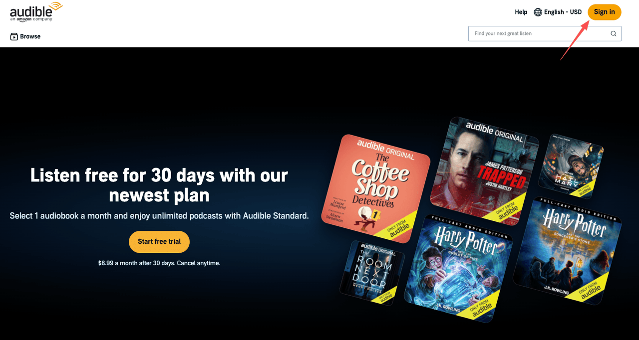 The Audible website homepage with a red arrow pointing to the Sign In button as the first step to cancel audible subscription.