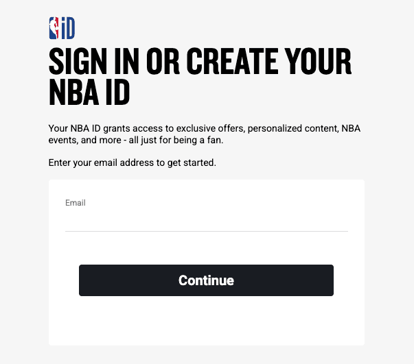 NBA ID login screen requiring email to access account and cancel NBA League Pass subscription, essential first step for managing or unsubscribing from NBA streaming service