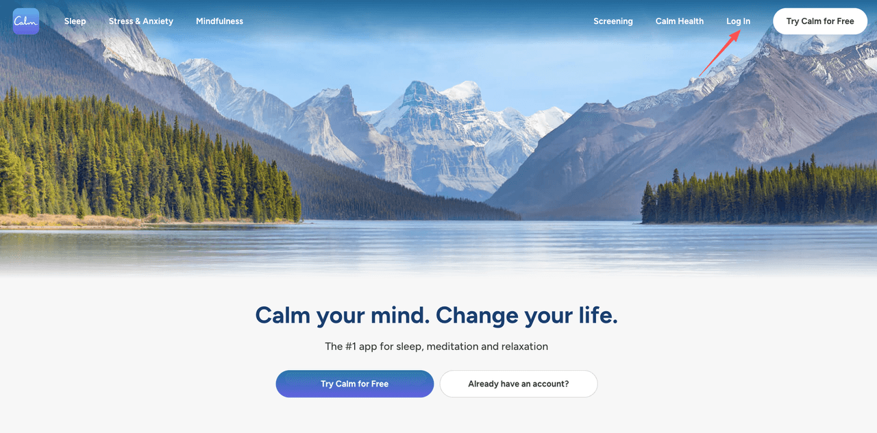 The Calm homepage showing the login button as the first step for how to cancel calm app via a web browser.