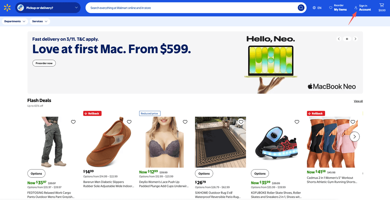 A red arrow pointing to the sign-in button on the homepage to start the process of how to cancel Walmart Plus.
