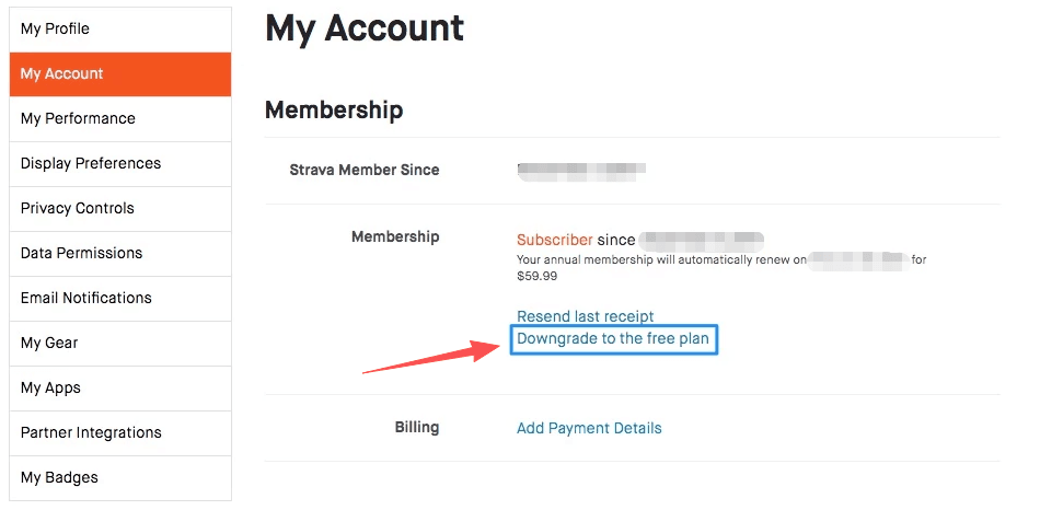 A Strava account page screenshot highlighting the 'Membership' section with a red arrow pointing to the 'Downgrade to the free plan' link.