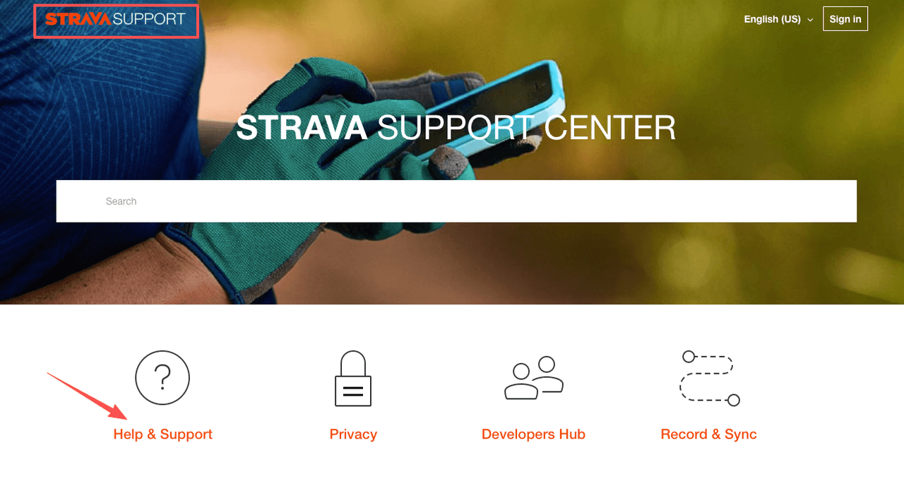 Strava Support Center web page featuring a search bar, four key service icons, and a red arrow pointing to the 'Help & Support' section.