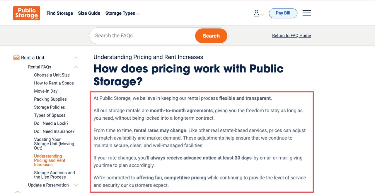 Official FAQ page detailing how month-to-month pricing and rental rate increases affect public storage fees.
