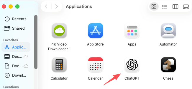 Mac Finder Applications folder showing ChatGPT app icon highlighted with arrow, step to remove the app after you cancel ChatGPT subscription on iOS/macOS