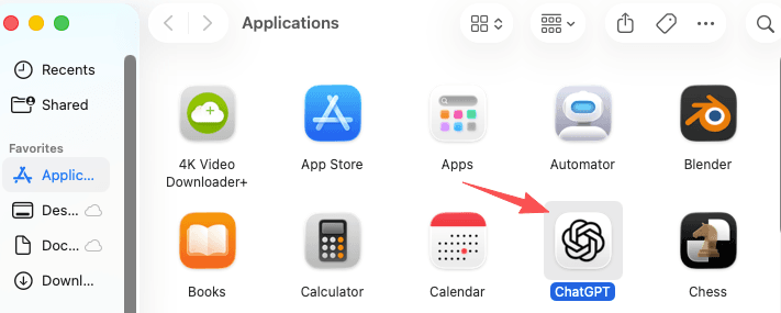macOS Applications folder with an arrow pointing to the app, illustrating how to cancel ChatGPT app access by uninstalling it.