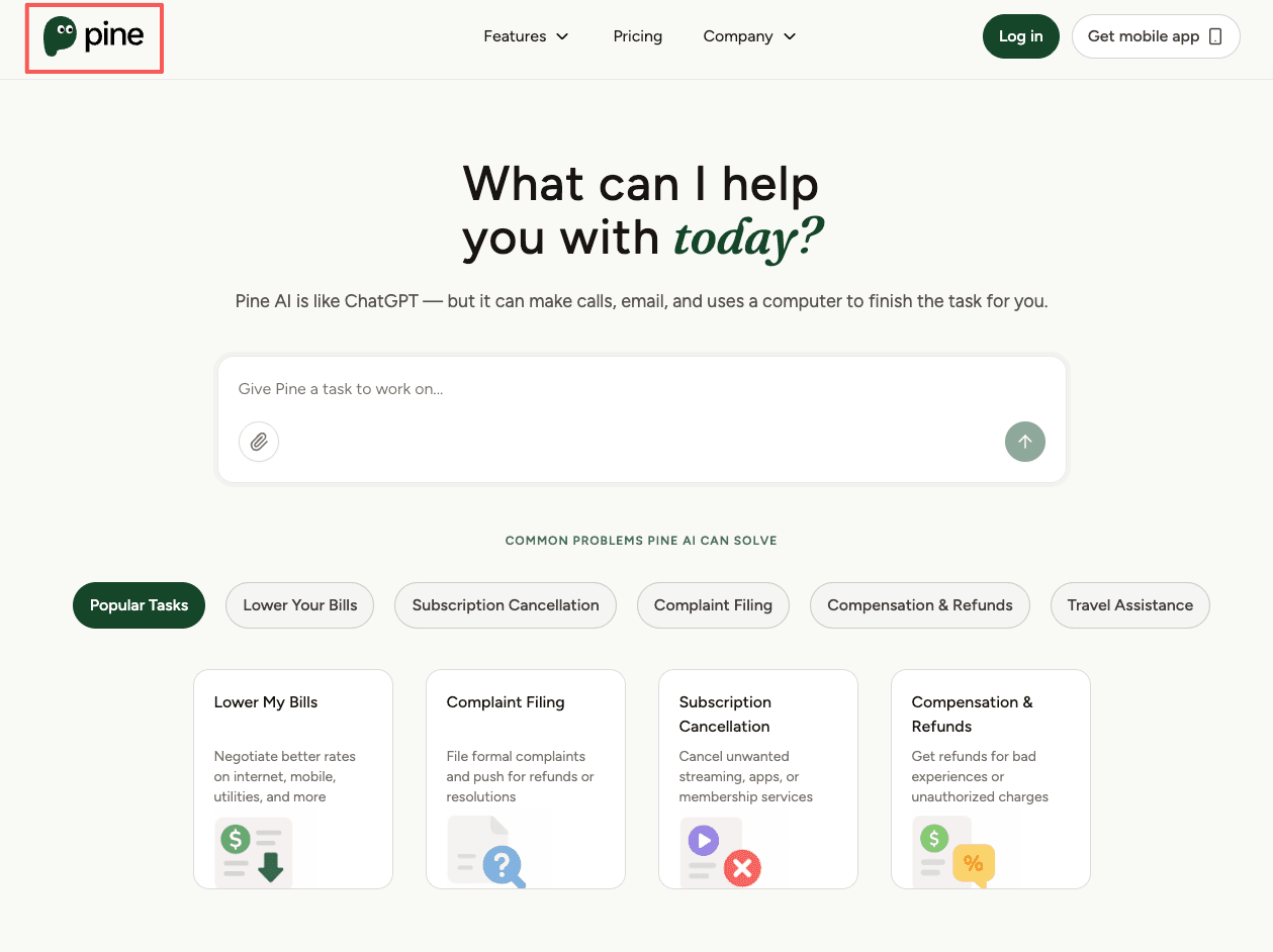 Pine AI homepage showing automated services, offering an alternative tool for users asking how to cancel my chatgpt subscription.