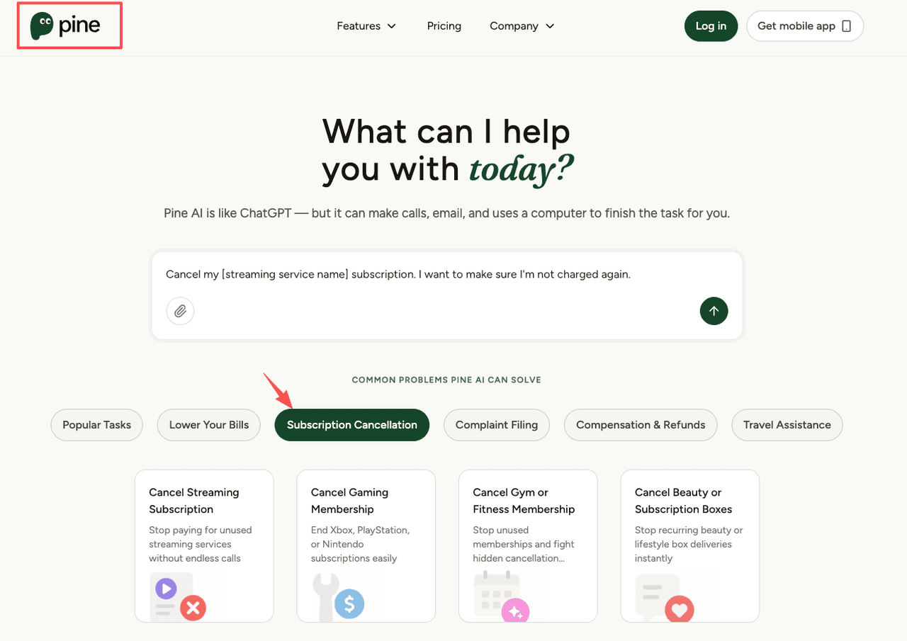 Pine AI service website highlighting the feature to help users cancel Instacart Plus membership automatically.