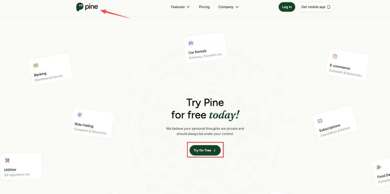 The Pine AI homepage highlighting subscription tools to help users with how to cancel Walmart Plus and other services.