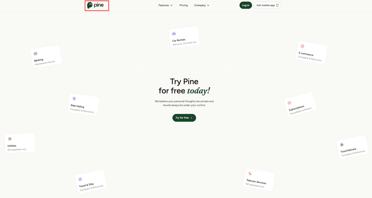 The homepage of the Pine app, a tool that helps users manage expenses and cancel audible subscription automatically.