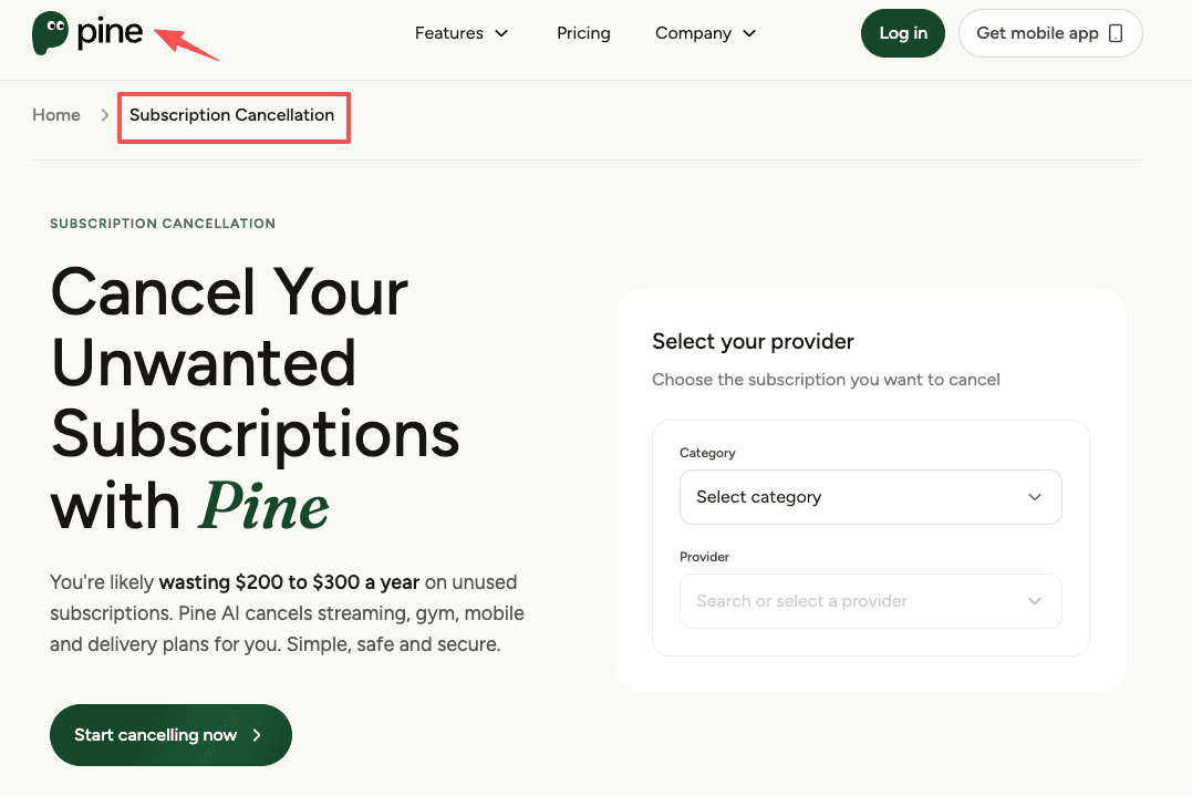 Pine website interface offering an automated tool as an alternative way on how to cancel chatgpt subscription on iphone.