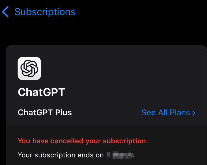 Apple subscription settings screen confirming the plan is inactive, showing clearly how to cancel my chatgpt subscription on iOS.