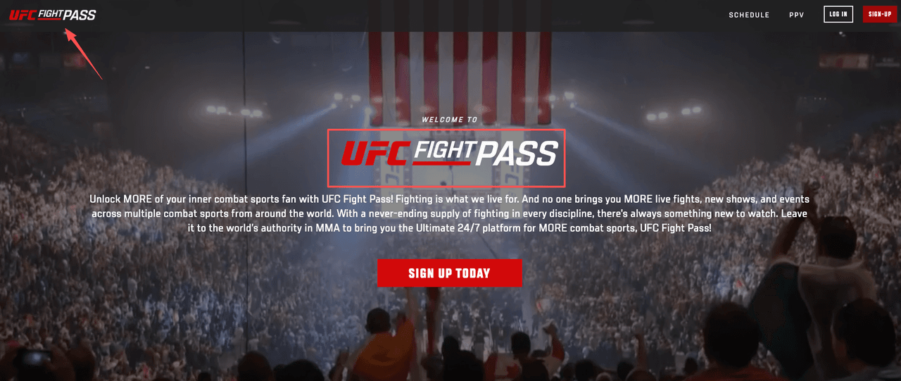 The official website homepage where users must begin the process to cancel UFC Fight Pass by locating the login area.